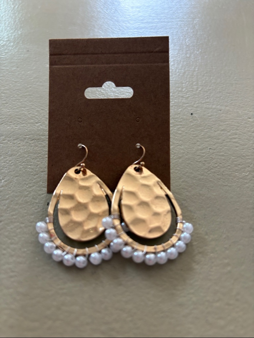 Gold Teardrop Hammered Earrings with White Pearl Bead Fringe